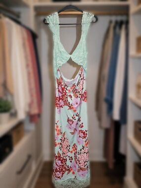 Free People Intimately FP Suddenly Fine Maxi Slip Dress In Sage Combo Size L